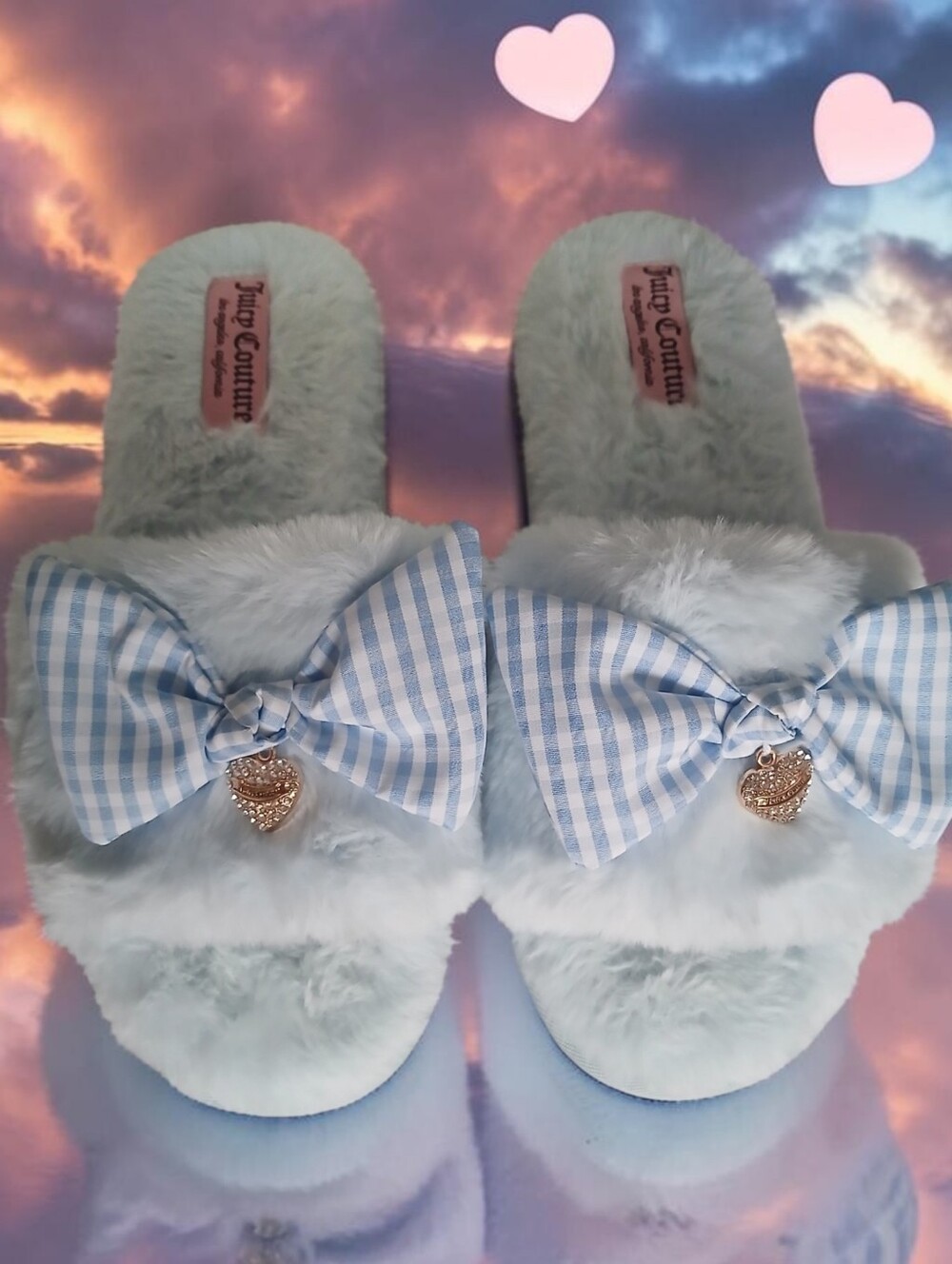 Juicy Couture Hedwig 2 Light Blue Faux Fur Bow Slide Slippers w/ Heart Charms